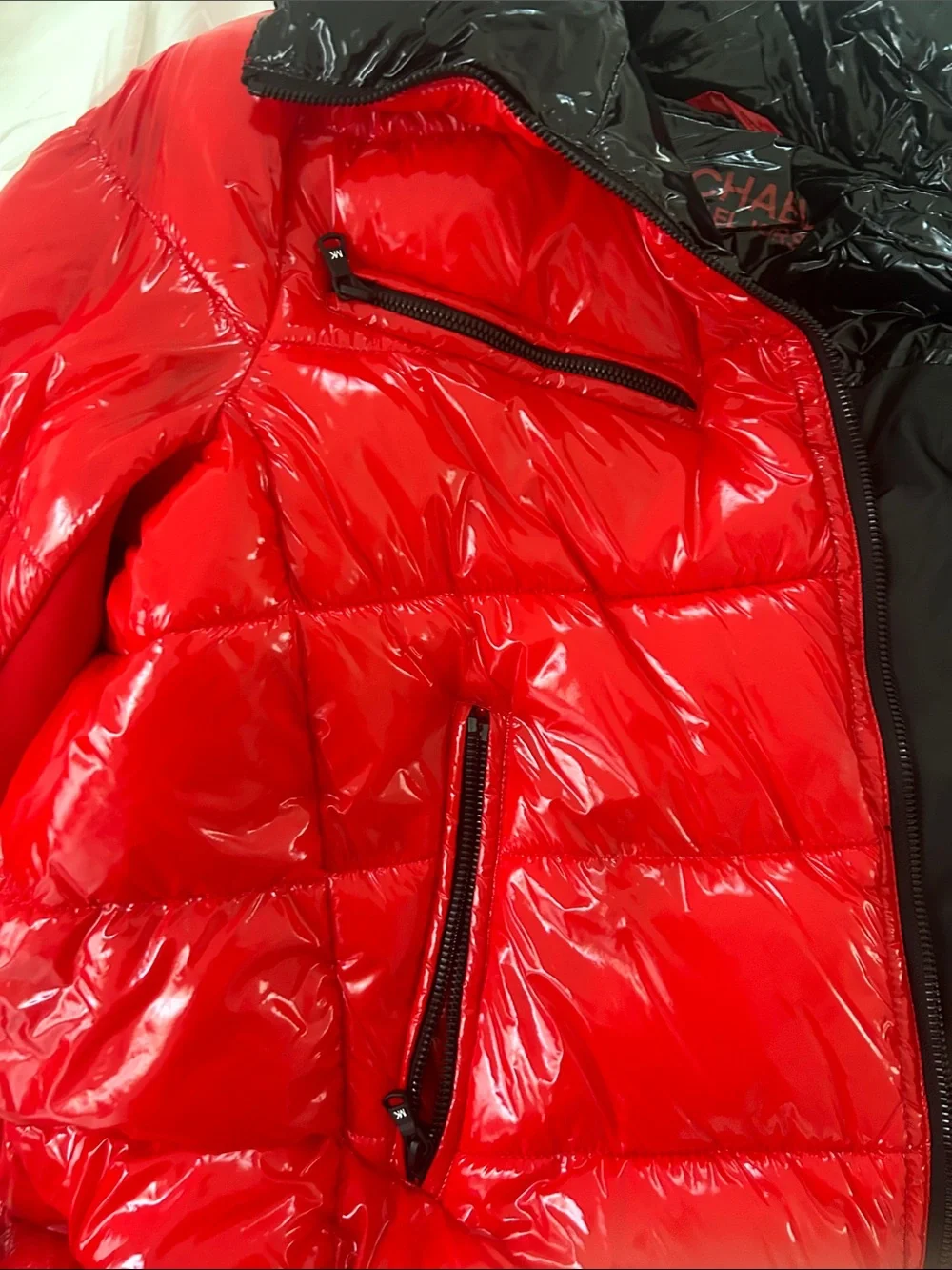 Michael Kors Glossy Red Puffer Jacket with Black Contrast